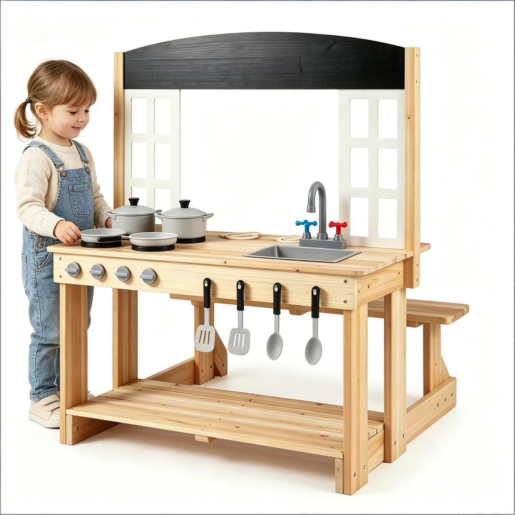 inQ Boutique - Natural Wooden Kids Mud Kitchen Playset with Bench & Removable Sink, Complete Cookware Accessories Pretend Play Kitchen for Toddlers 3+