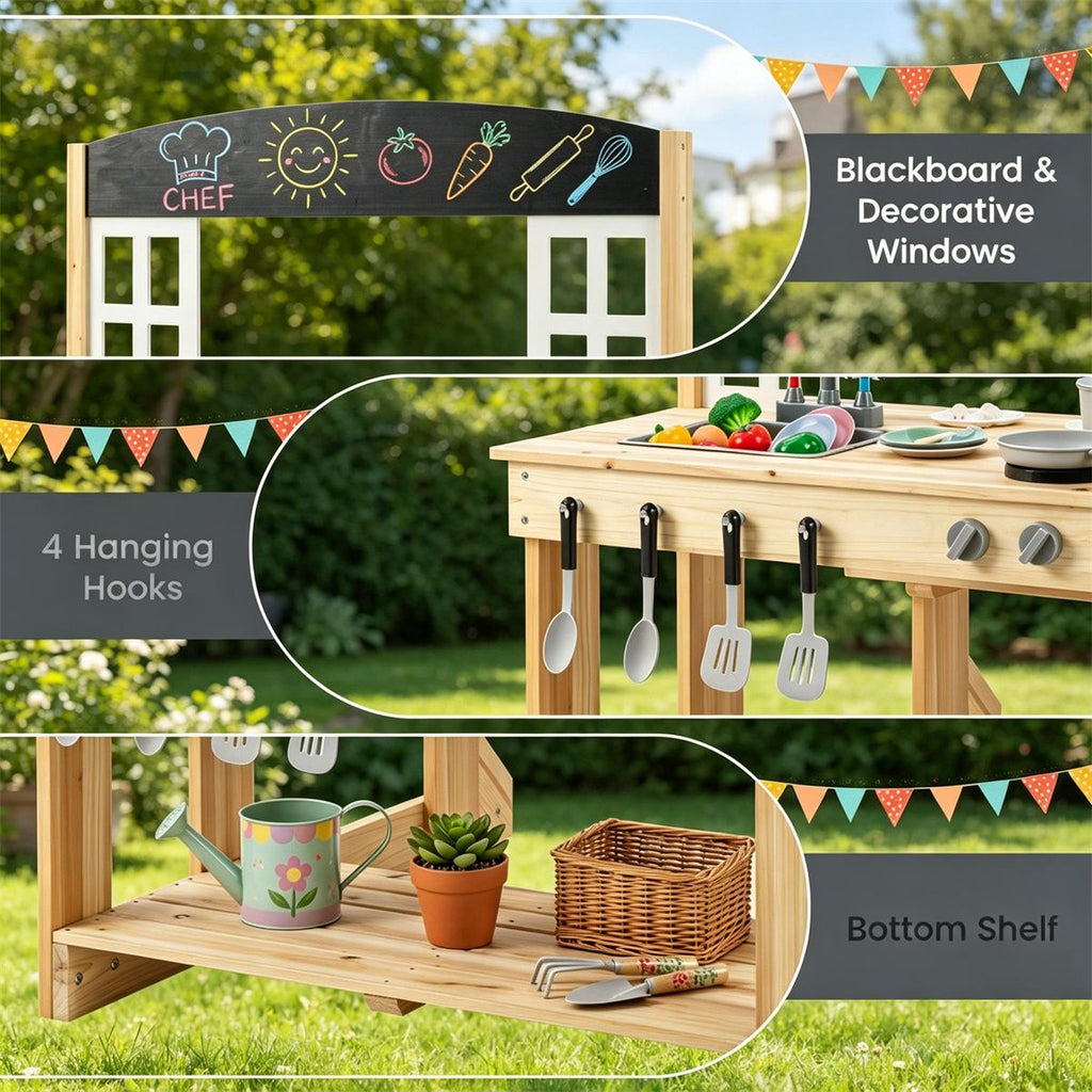 inQ Boutique - Natural Wooden Kids Mud Kitchen Playset with Bench & Removable Sink, Complete Cookware Accessories Pretend Play Kitchen for Toddlers 3+