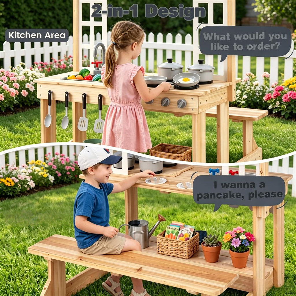 inQ Boutique - Natural Wooden Kids Mud Kitchen Playset with Bench & Removable Sink, Complete Cookware Accessories Pretend Play Kitchen for Toddlers 3+