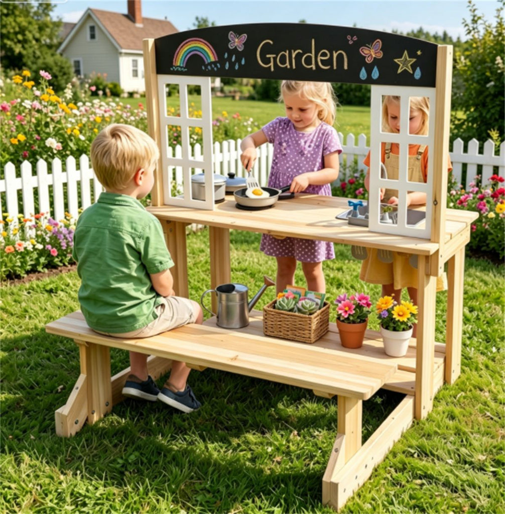 inQ Boutique - Natural Wooden Kids Mud Kitchen Playset with Bench & Removable Sink, Complete Cookware Accessories Pretend Play Kitchen for Toddlers 3+