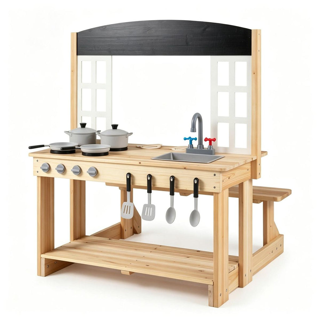 inQ Boutique - Natural Wooden Kids Mud Kitchen Playset with Bench & Removable Sink, Complete Cookware Accessories Pretend Play Kitchen for Toddlers 3+