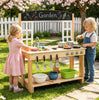 inQ Boutique - Natural Wooden Kids Mud Kitchen Playset with Bench & Removable Sink, Complete Cookware Accessories Pretend Play Kitchen for Toddlers 3+