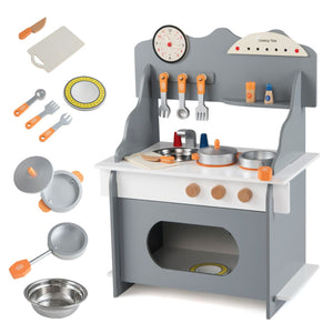 inQ Boutique - Gray Wooden Toddler Play Kitchen with Sink & Accessories, Safe Gift for Kids 3+
