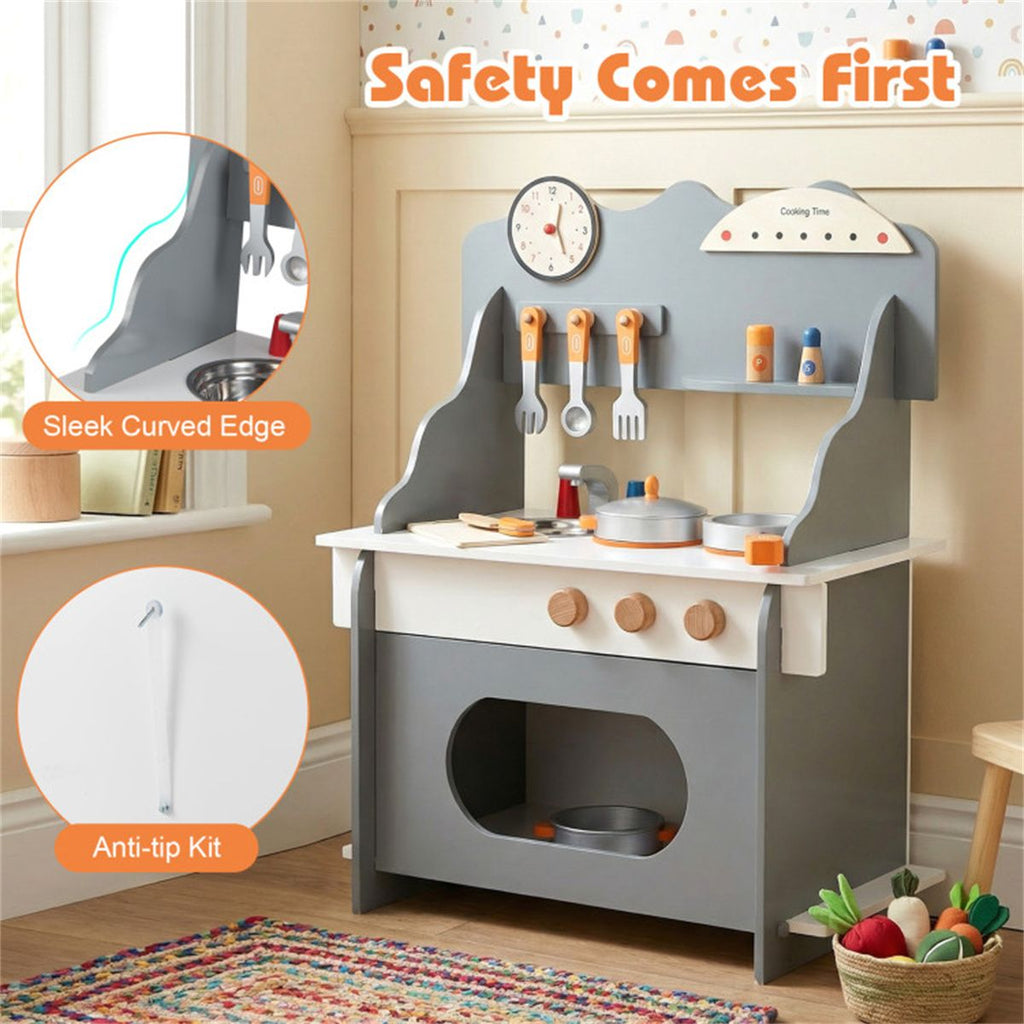 inQ Boutique - Gray Wooden Toddler Play Kitchen with Sink & Accessories, Safe Gift for Kids 3+