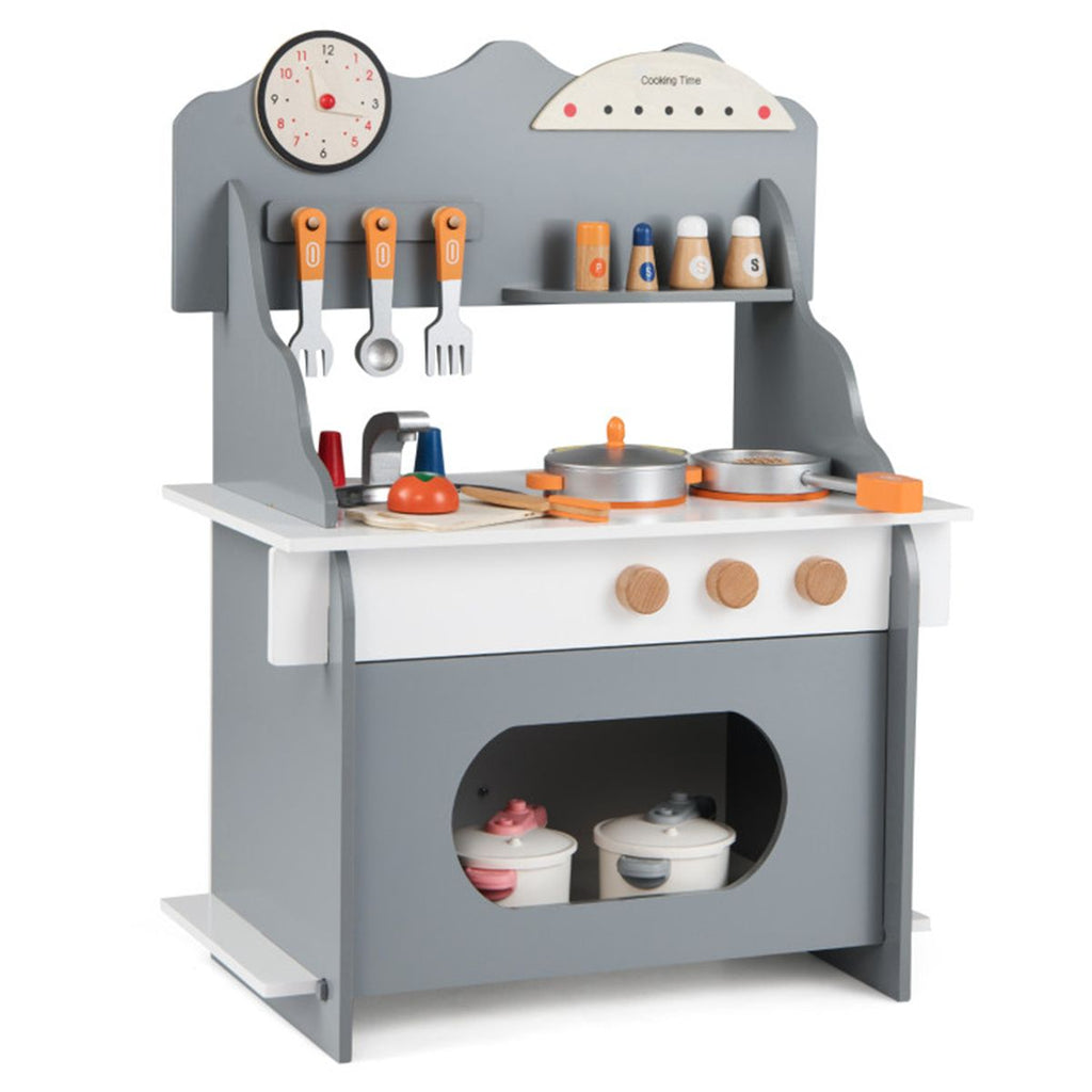 inQ Boutique - Gray Wooden Toddler Play Kitchen with Sink & Accessories, Safe Gift for Kids 3+