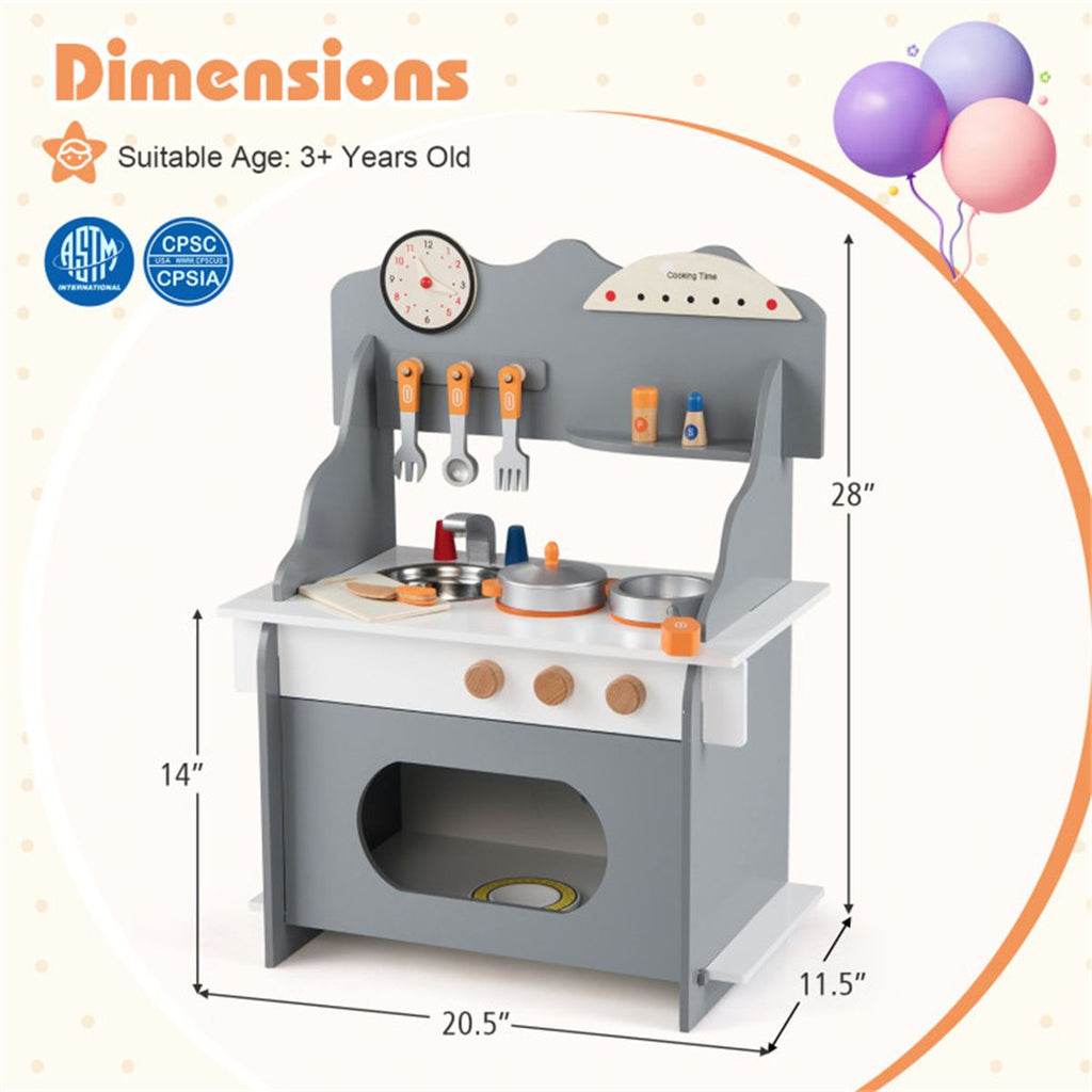 inQ Boutique - Gray Wooden Toddler Play Kitchen with Sink & Accessories, Safe Gift for Kids 3+