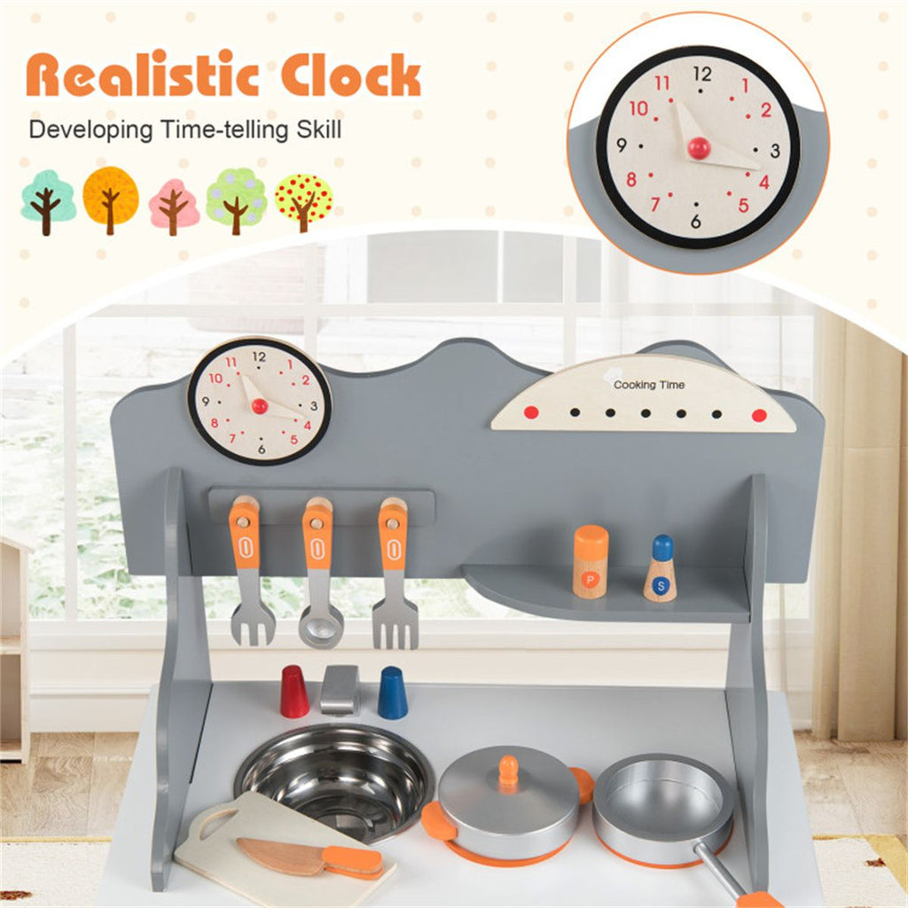 inQ Boutique - Gray Wooden Toddler Play Kitchen with Sink & Accessories, Safe Gift for Kids 3+