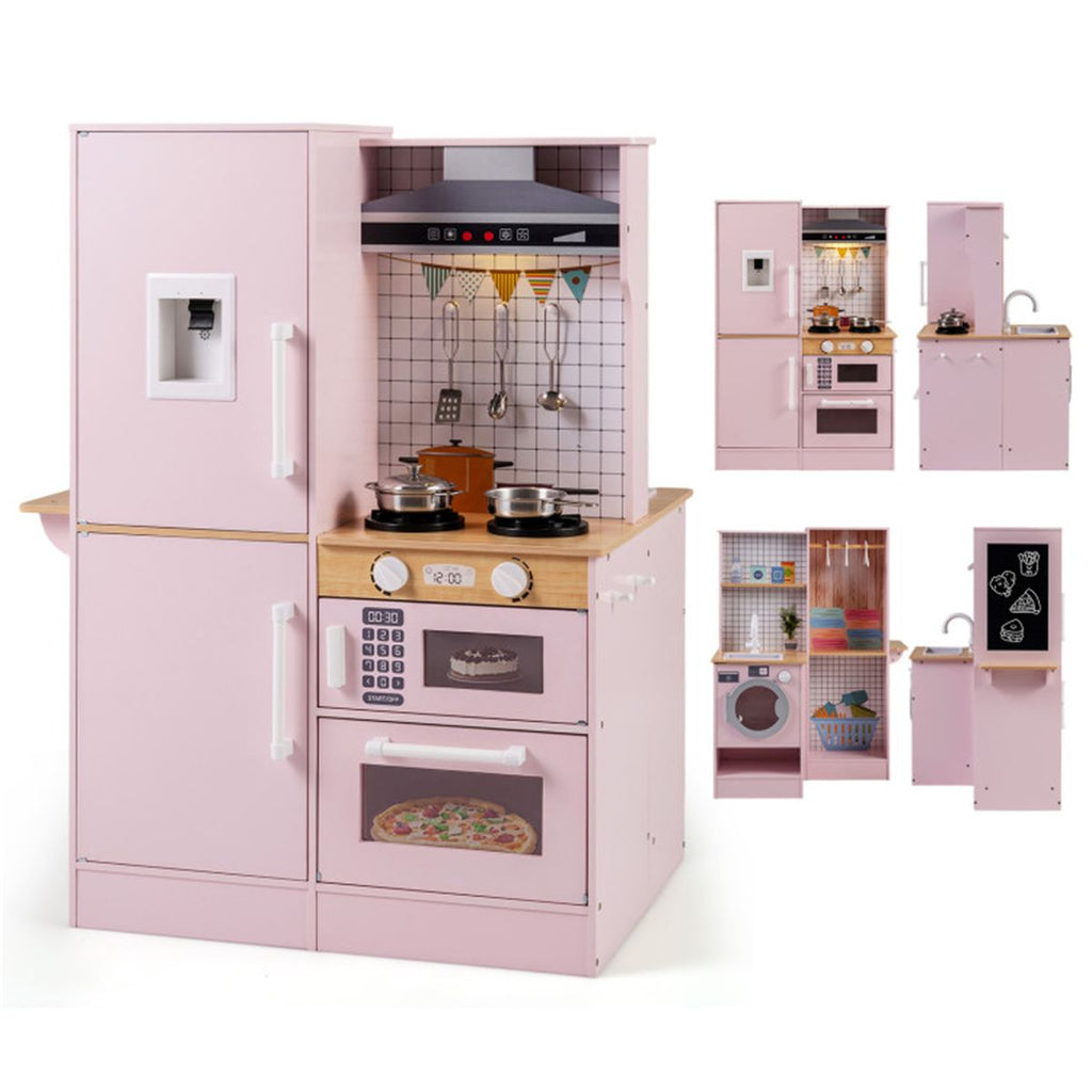inQ Boutique - Pink Dual-Sided Kids Play Kitchen with Water Dispenser and Range Hood for 3+ Years Old