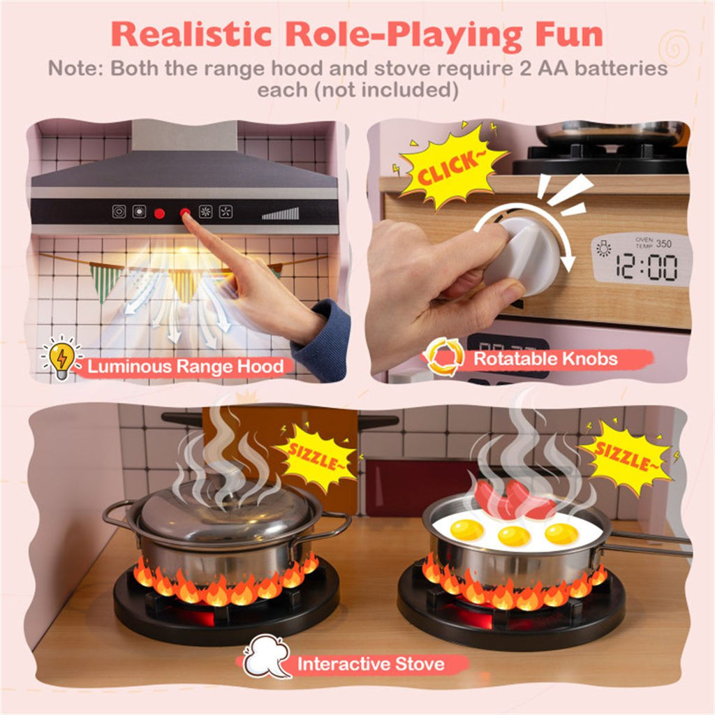 inQ Boutique - Pink Dual-Sided Kids Play Kitchen with Water Dispenser and Range Hood for 3+ Years Old