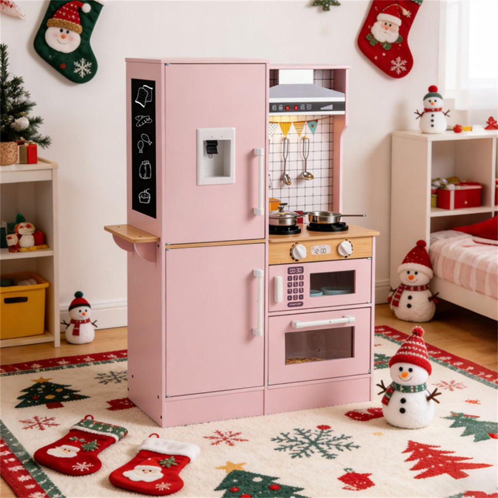 inQ Boutique - Pink Dual-Sided Kids Play Kitchen with Water Dispenser and Range Hood for 3+ Years Old