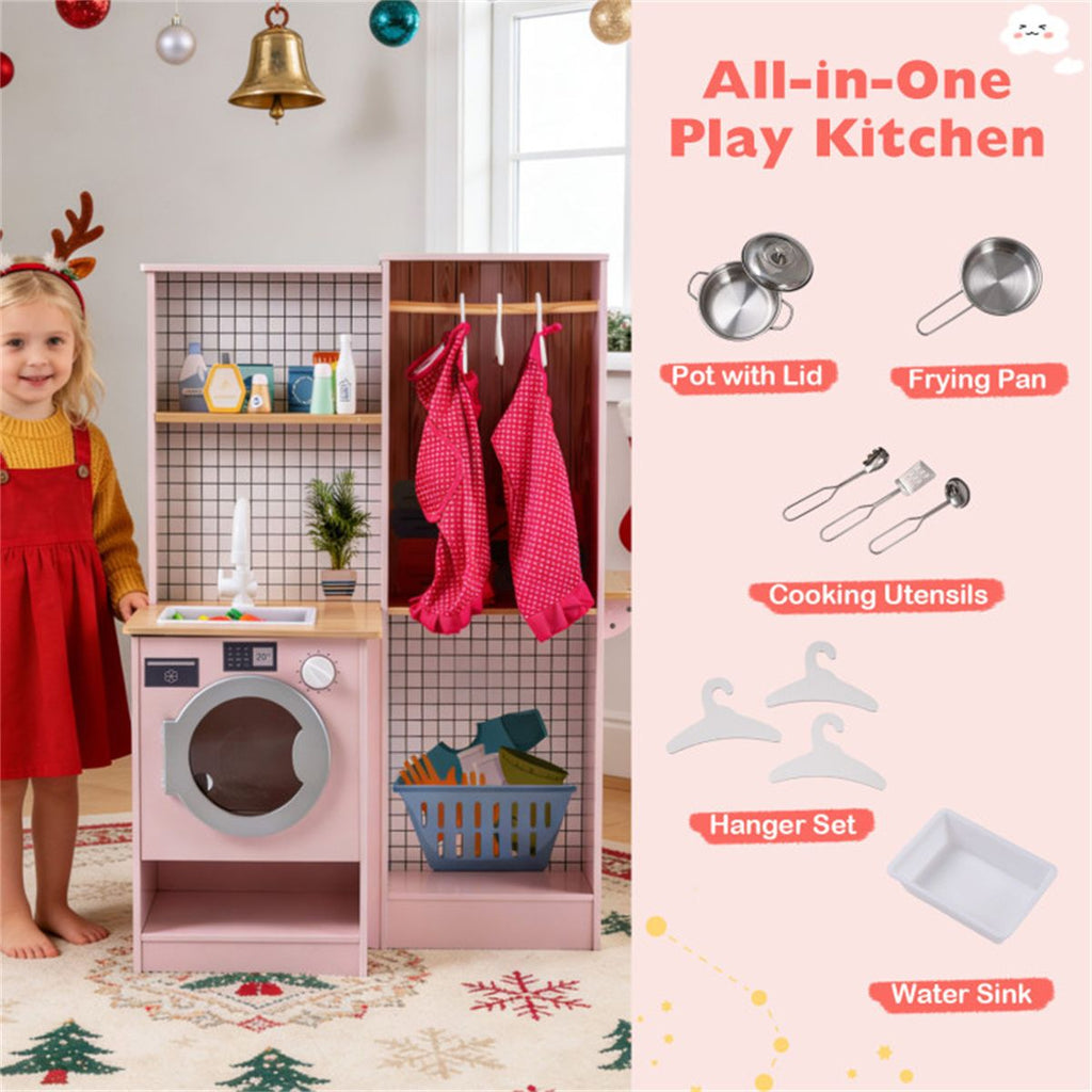 inQ Boutique - Pink Dual-Sided Kids Play Kitchen with Water Dispenser and Range Hood for 3+ Years Old