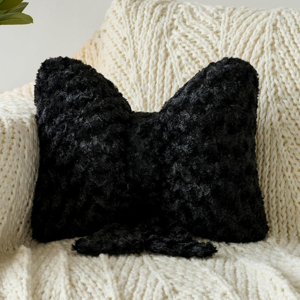 Bright Living - Bow Pillow, Decorative Bow Pillows with Soft Plush for Couch Bed, Bow Shaped Throw Pillow Room Decor for Bedroom, Bow Decorative Pillow for Living Room (Black, Large-16 Inches)