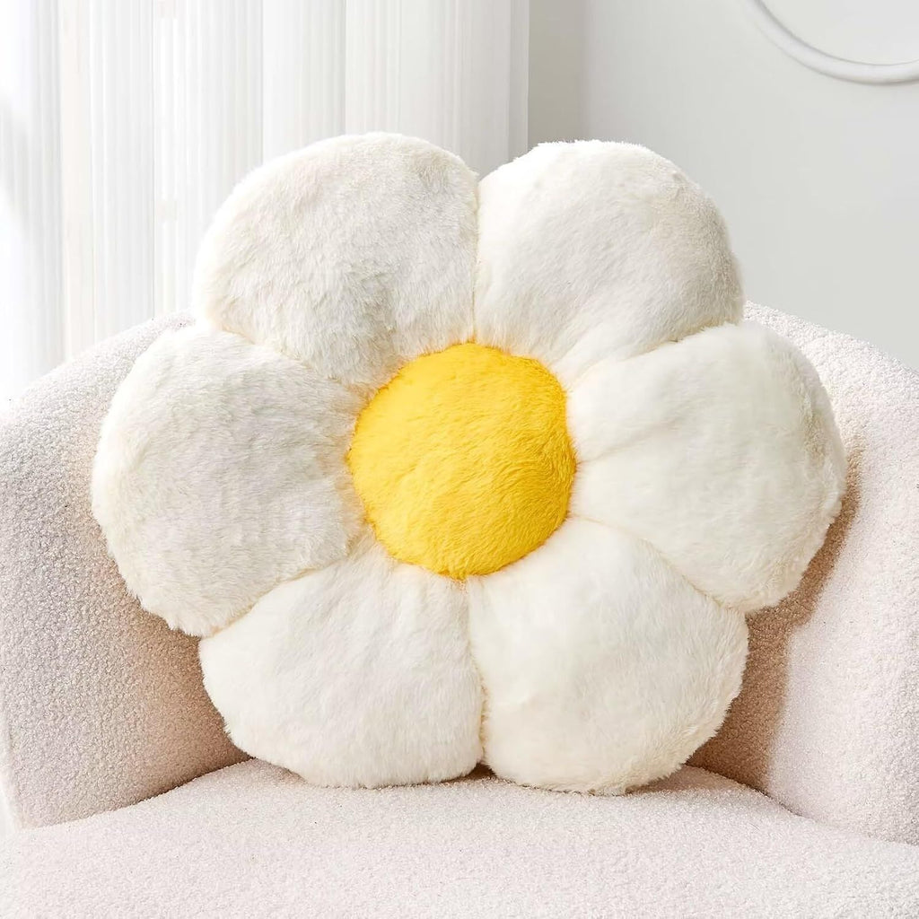 Bright Living - White Flower Plush Throw Pillow, Cute Decorative Flower Shaped with Faux Rabbit Fur, 14.9'' Soft Throw Pillow for Bedroom Living Room