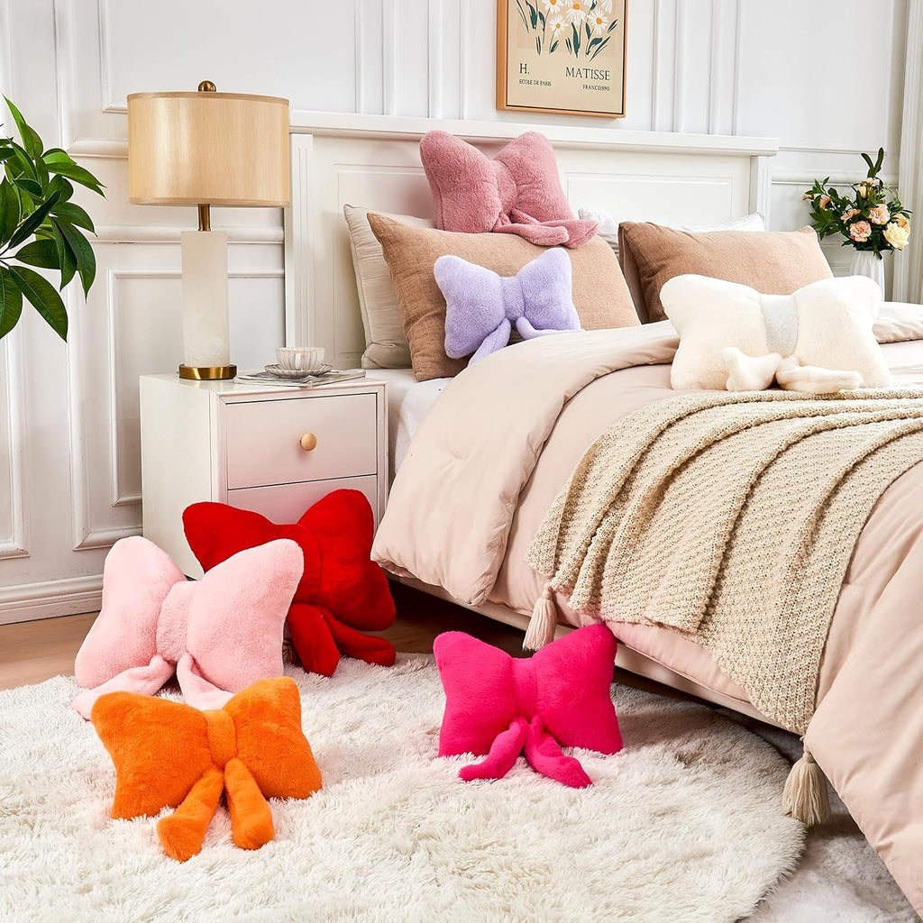 Bright Living - Bow Pillow, Soft Bow Decorative Pillows with Faux Rabbit Fur, Cute Bow Throw Pillows, Aesthetic Home Decor Bow Shaped Plush Pillow for Bedroom Sofa Couch (Orange, Large-16 Inch)