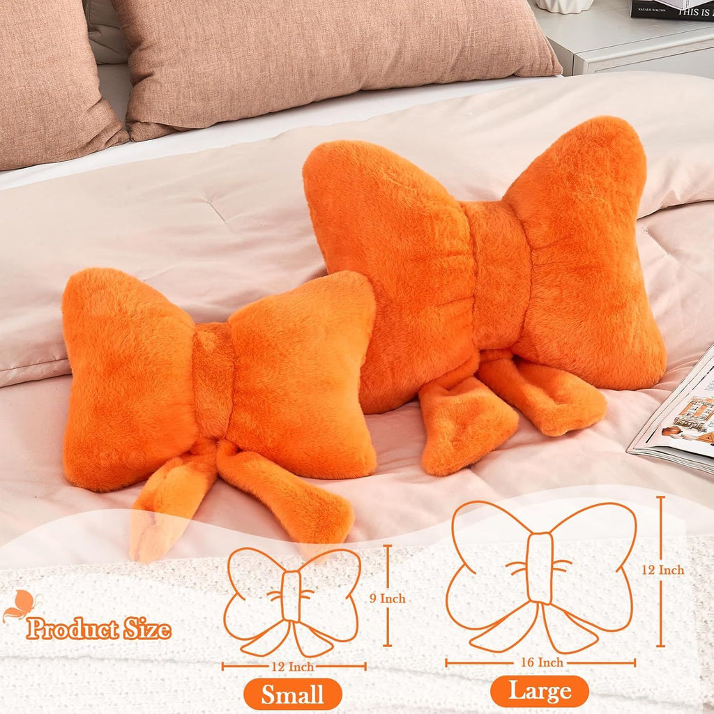 Bright Living - Bow Pillow, Soft Bow Decorative Pillows with Faux Rabbit Fur, Cute Bow Throw Pillows, Aesthetic Home Decor Bow Shaped Plush Pillow for Bedroom Sofa Couch (Orange, Large-16 Inch)