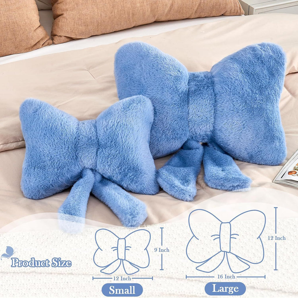 Bright Living - Dusty Blue Bow Pillow, Soft Bow Decorative Pillows with Faux Rabbit Fur, Cute 16'' Bow Throw Pillows, Aesthetic Home Decor Bow Shaped Plush Pillow for Bedroom Sofa Couch