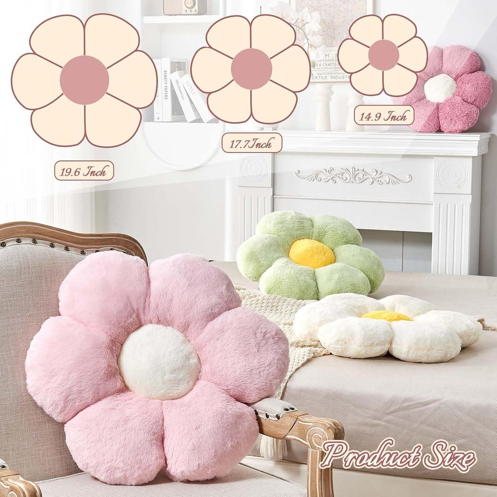 Bright Living - Beige Flower Pillow, Cute Decorative Flower Shaped Throw Pillow with Faux Rabbit Fur, 14.9'' Soft Daisy Plush Floor Cushion Aesthetic Room Decor for Bed Sofa Couch