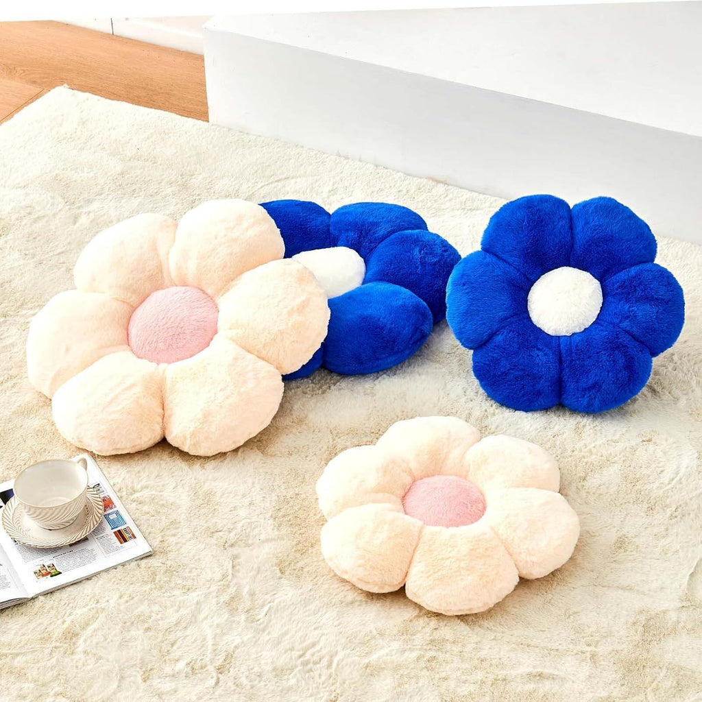 Bright Living - Beige Flower Pillow, Cute Decorative Flower Shaped Throw Pillow with Faux Rabbit Fur, 14.9'' Soft Daisy Plush Floor Cushion Aesthetic Room Decor for Bed Sofa Couch