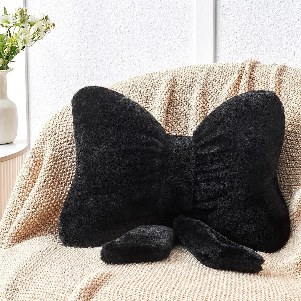 Bright Living - Black Bow Pillow,12'' Bow Decorative Pillows with Faux Rabbit Fur,Soft Bow Throw Pillows Aesthetic Bow Shaped Pillow for Bed Sofa Couch Home Decor