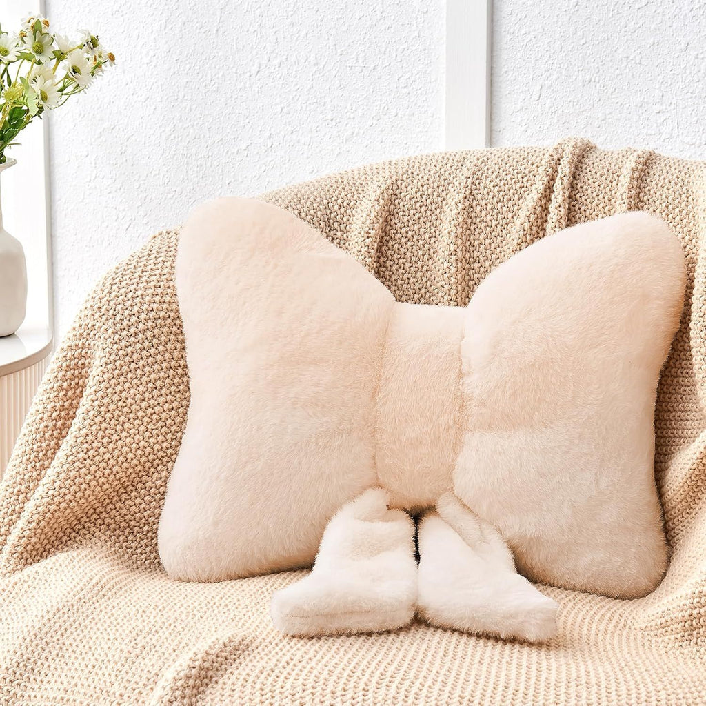 Bright Living - Beige Bow Pillow,12'' Bow Decorative Pillows with Faux Rabbit Fur,Soft Bow Throw Pillows Aesthetic Bow Shaped Pillow for Bed Sofa Couch Home Decor