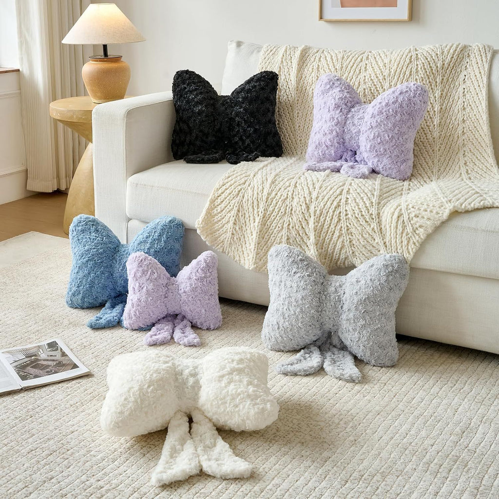 Bright Living - Bow Pillow, Decorative Bow Pillows with Soft Plush for Couch Bed, Bow Shaped Throw Pillow Room Decor for Bedroom, Bow Decorative Pillow for Living Room (Grey Blue, Large-16 Inches)