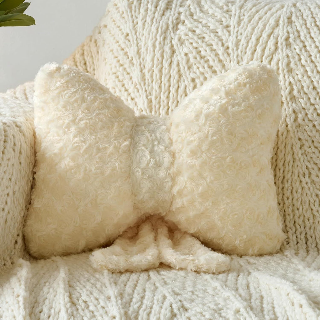 Bright Living - Bow Pillow, Decorative Bow Pillows with Soft Plush for Couch Bed, Bow Shaped Throw Pillow Room Decor for Bedroom, Bow Decorative Pillow for Living Room (Beige, Small-12 Inches)