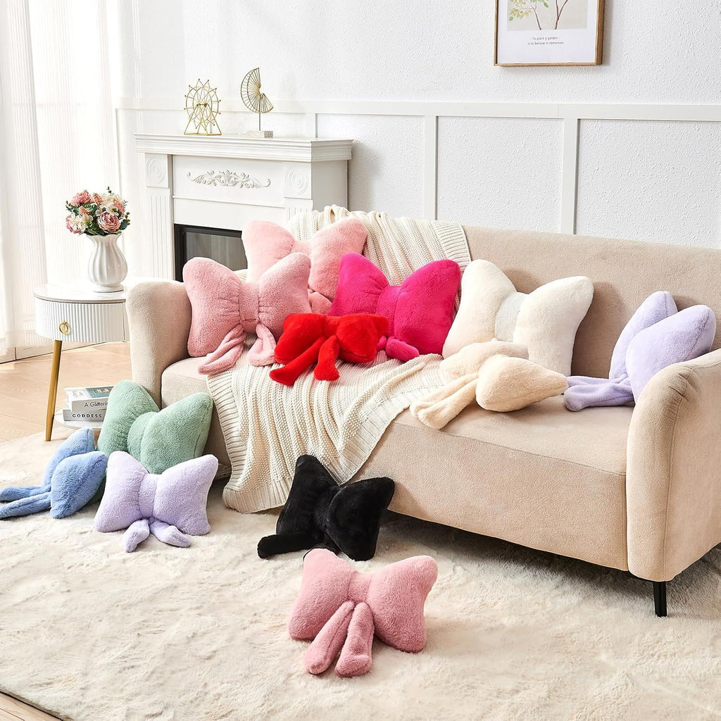 Bright Living - Red Bow Pillow,16'' Bow Decorative Pillows with Faux Rabbit Fur,Soft Bow Throw Pillows Aesthetic Bow Shaped Pillow for Bed Sofa Couch Home Decor