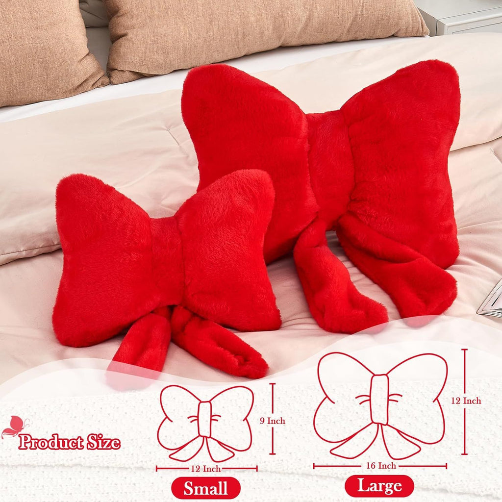 Bright Living - Red Bow Pillow, Soft Bow Decorative Pillows with Faux Rabbit Fur, Cute 16'' Bow Throw Pillows, Aesthetic Home Decor Bow Shaped Plush Pillow for Bedroom Sofa Couch