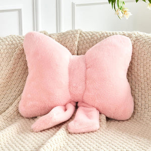Bright Living - Pink Bow Pillow, Soft Bow Decorative Pillows with Faux Rabbit Fur, Cute 16'' Bow Throw Pillows, Aesthetic Home Decor Bow Shaped Plush Pillow for Bedroom Sofa Couch