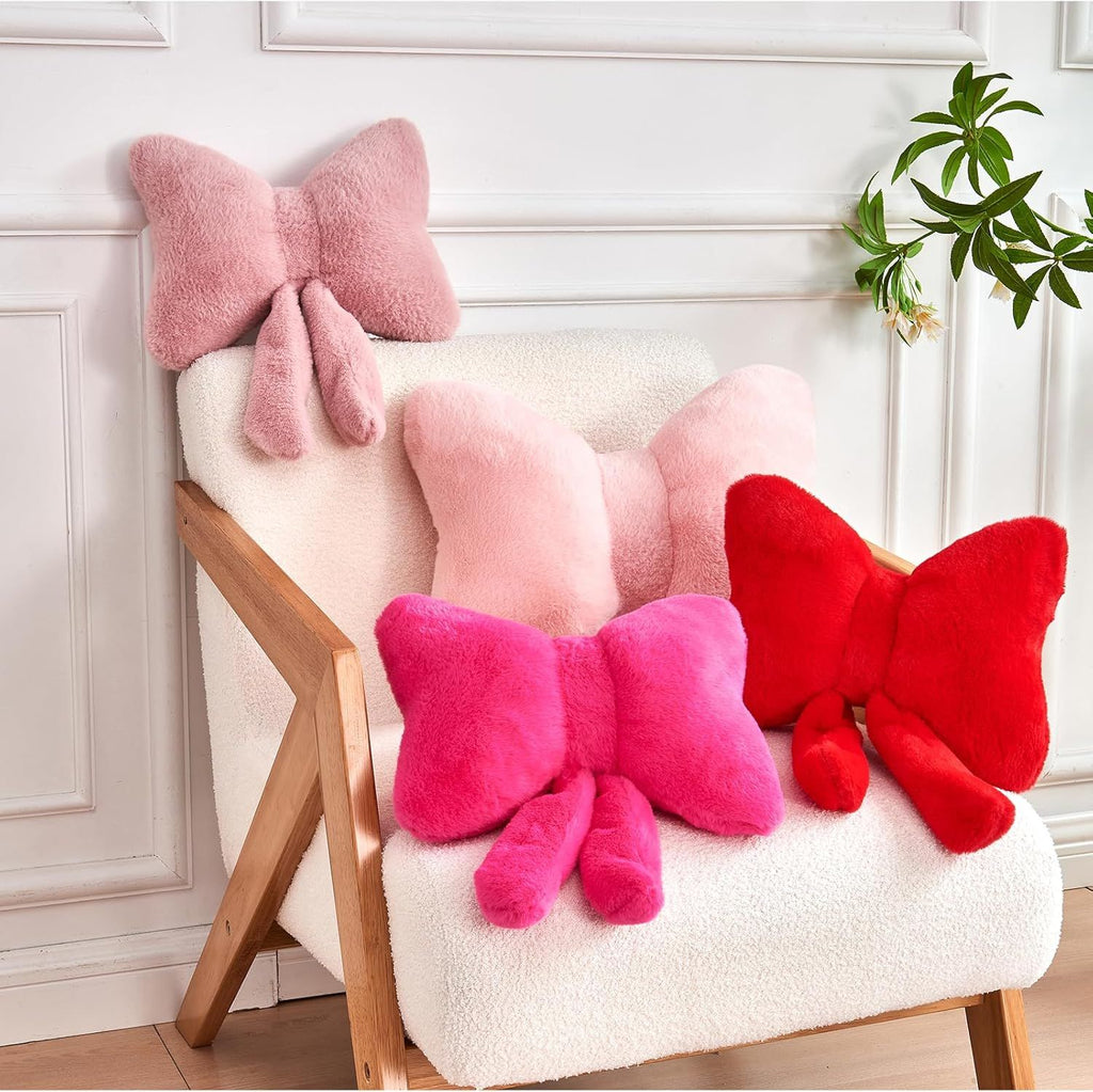 Bright Living - Pink Bow Pillow, Soft Bow Decorative Pillows with Faux Rabbit Fur, Cute 16'' Bow Throw Pillows, Aesthetic Home Decor Bow Shaped Plush Pillow for Bedroom Sofa Couch