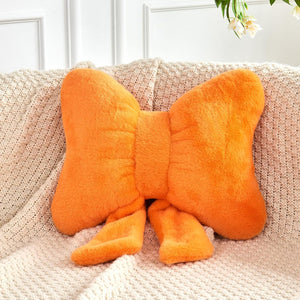 Bright Living - Bow Pillow, Soft Bow Decorative Pillows with Faux Rabbit Fur, Cute Bow Throw Pillows, Aesthetic Home Decor Bow Shaped Plush Pillow for Bedroom Sofa Couch (Orange, Small-12 Inch)
