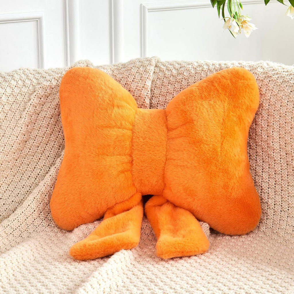Bright Living - Bow Pillow, Soft Bow Decorative Pillows with Faux Rabbit Fur, Cute Bow Throw Pillows, Aesthetic Home Decor Bow Shaped Plush Pillow for Bedroom Sofa Couch (Orange, Small-12 Inch)