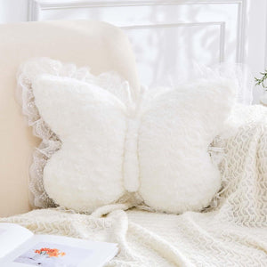 Bright Living - Butterfly Pillow White Decorative Pillows 15'' Butterfly Shaped Cute Throw Pillows with Lace Aesthetic Bow Plush Cushion for Room Decor Bed Sofa Couch