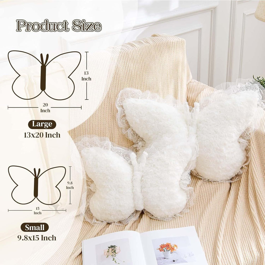 Bright Living - Butterfly Pillow White Decorative Pillows 15'' Butterfly Shaped Cute Throw Pillows with Lace Aesthetic Bow Plush Cushion for Room Decor Bed Sofa Couch
