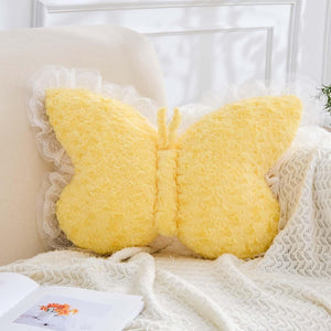 Bright Living - Butterfly Pillow Yellow Decorative Pillows 15'' Butterfly Shaped Cute Throw Pillows with Lace Aesthetic Bow Plush Cushion for Room Decor Bed Sofa Couch