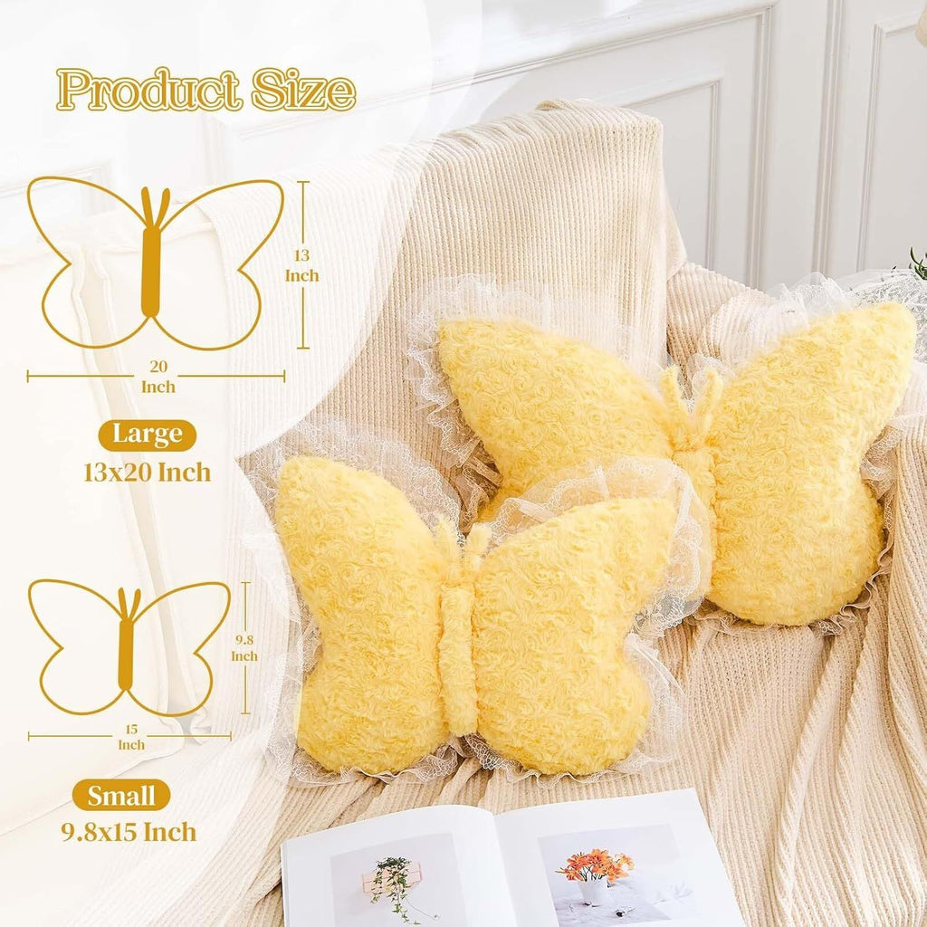 Bright Living - Butterfly Pillow Yellow Decorative Pillows 15'' Butterfly Shaped Cute Throw Pillows with Lace Aesthetic Bow Plush Cushion for Room Decor Bed Sofa Couch