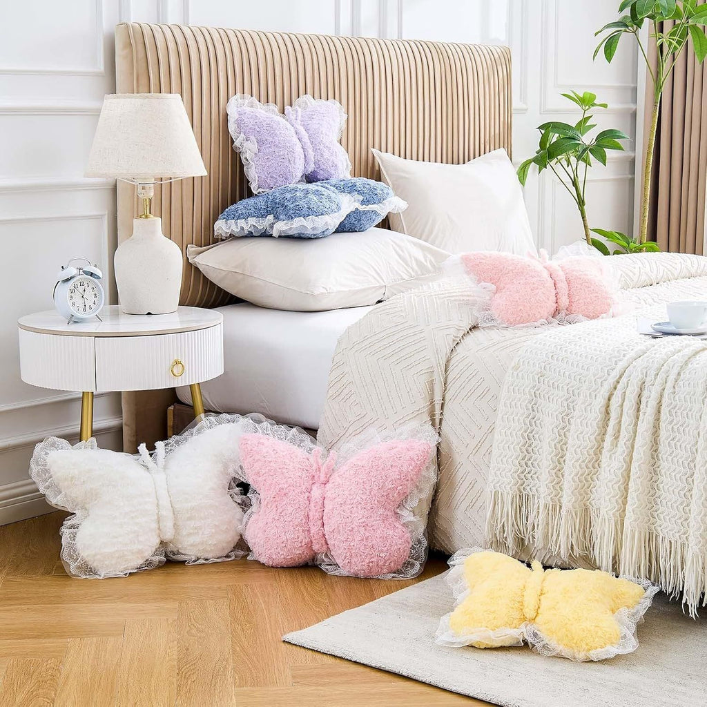 Bright Living - Butterfly Pillow Yellow Decorative Pillows 15'' Butterfly Shaped Cute Throw Pillows with Lace Aesthetic Bow Plush Cushion for Room Decor Bed Sofa Couch