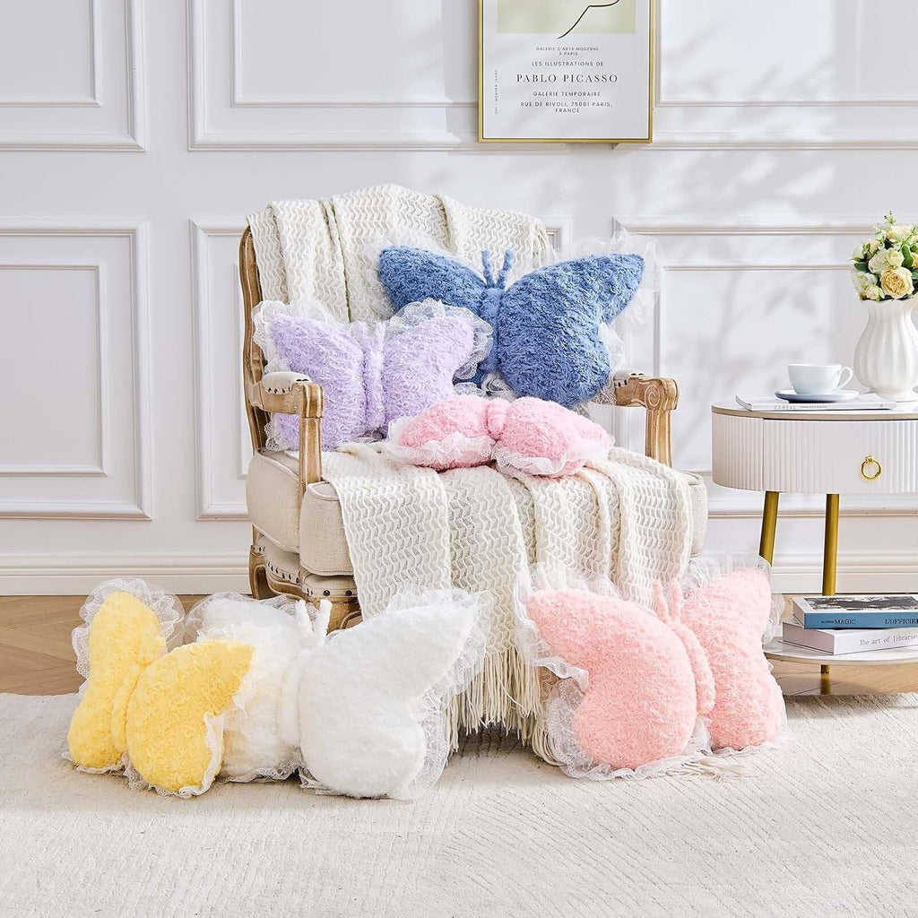 Bright Living - Butterfly Pillow Pink Decorative Pillows 15'' Butterfly Shaped Cute Throw Pillows with Lace Aesthetic Bow Plush Cushion for Room Decor Bed Sofa Couch