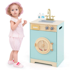 inQ Boutique - Blue Kids Wooden Toy Washing Machine Playset, Realistic Rotating Wheel & Removable Sink