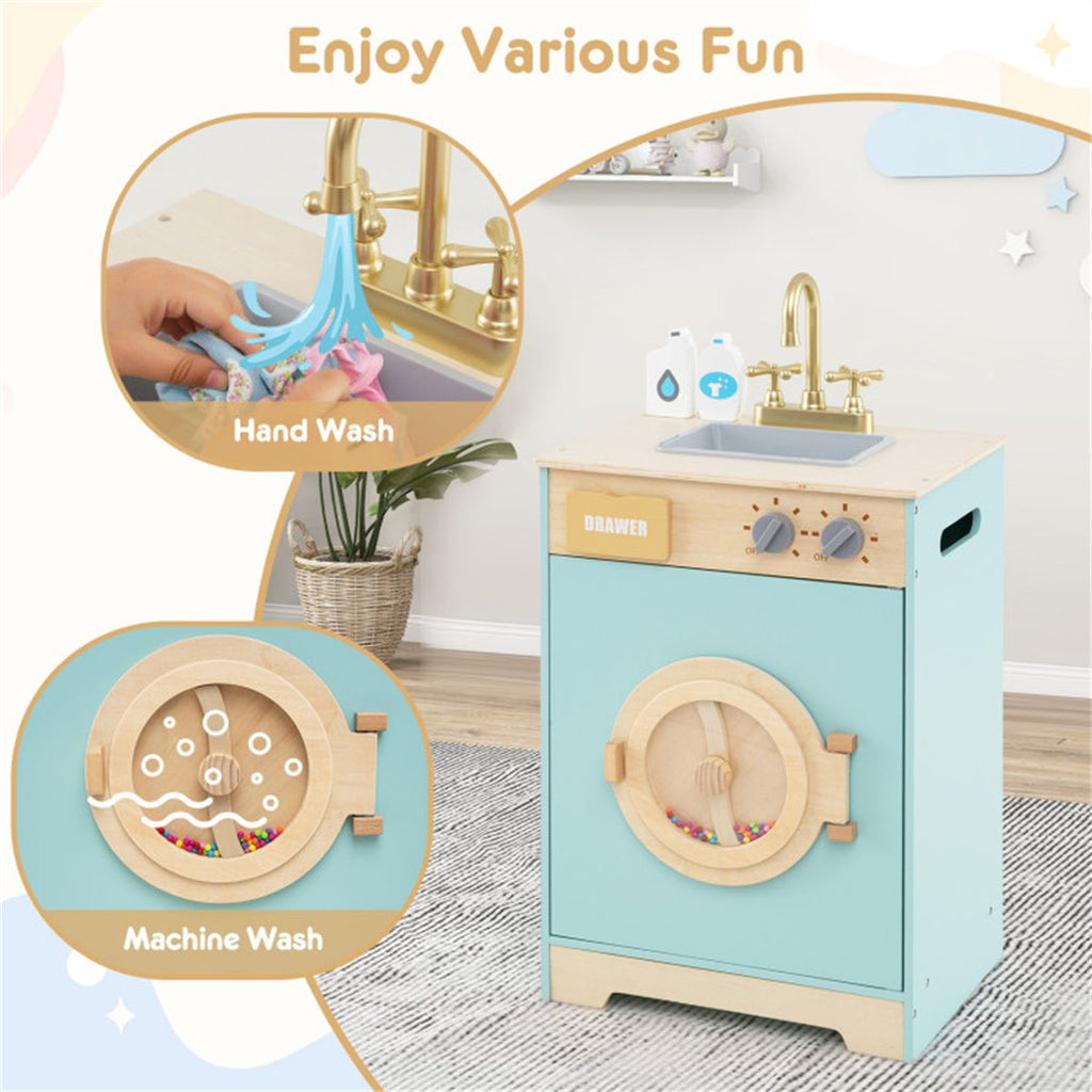 inQ Boutique - Blue Kids Wooden Toy Washing Machine Playset, Realistic Rotating Wheel & Removable Sink