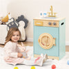 inQ Boutique - Blue Kids Wooden Toy Washing Machine Playset, Realistic Rotating Wheel & Removable Sink