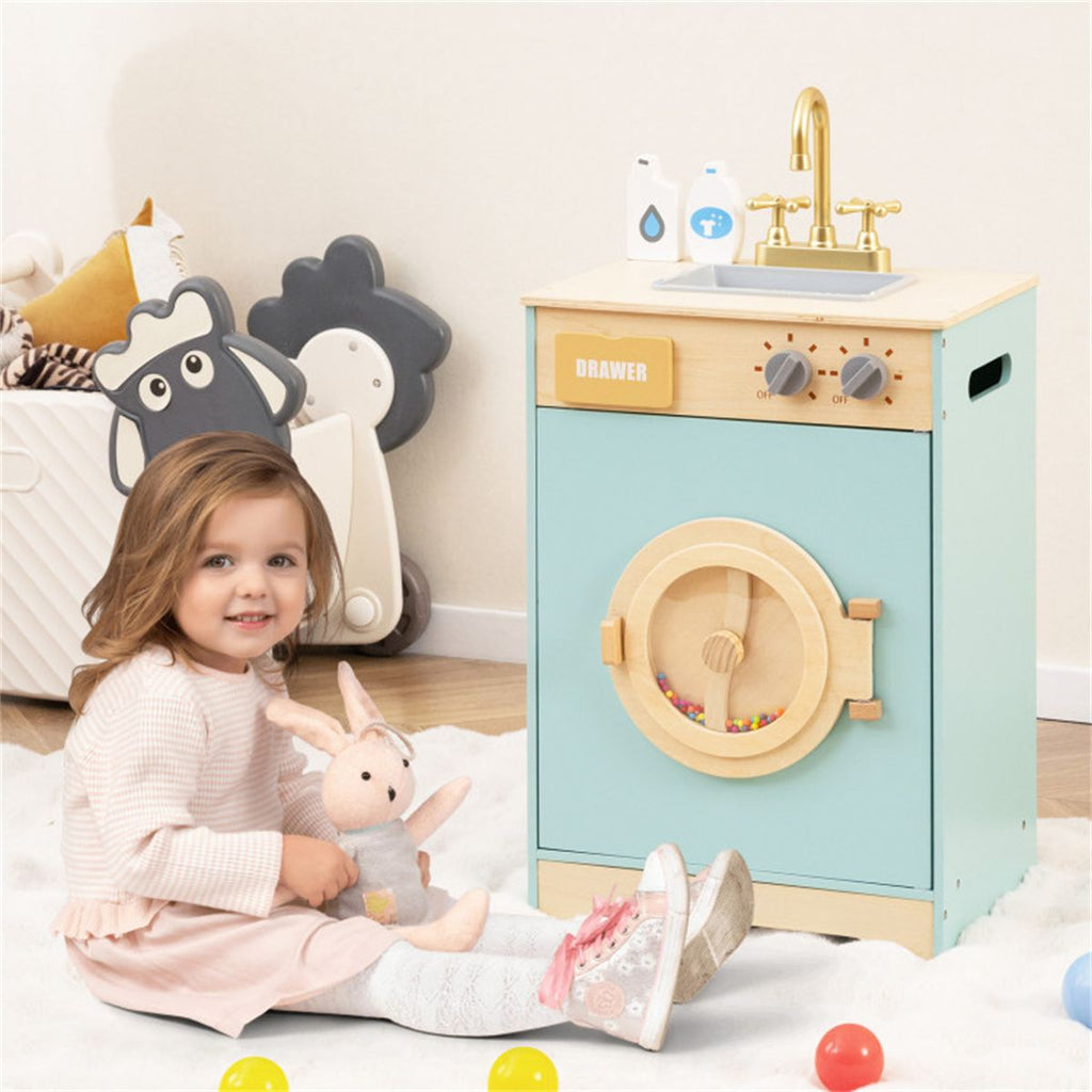inQ Boutique - Blue Kids Wooden Toy Washing Machine Playset, Realistic Rotating Wheel & Removable Sink