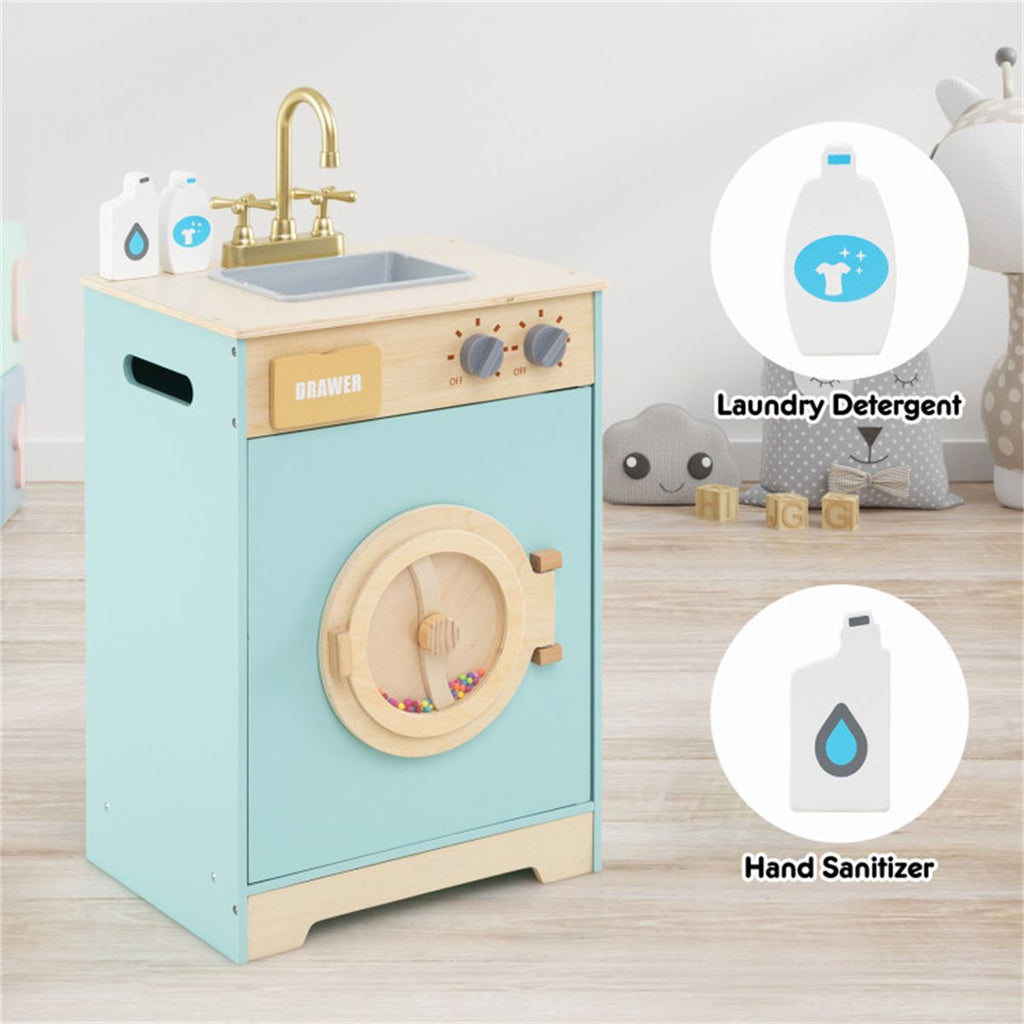 inQ Boutique - Blue Kids Wooden Toy Washing Machine Playset, Realistic Rotating Wheel & Removable Sink