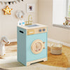 inQ Boutique - Blue Kids Wooden Toy Washing Machine Playset, Realistic Rotating Wheel & Removable Sink