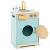 inQ Boutique - Blue Kids Wooden Toy Washing Machine Playset, Realistic Rotating Wheel & Removable Sink