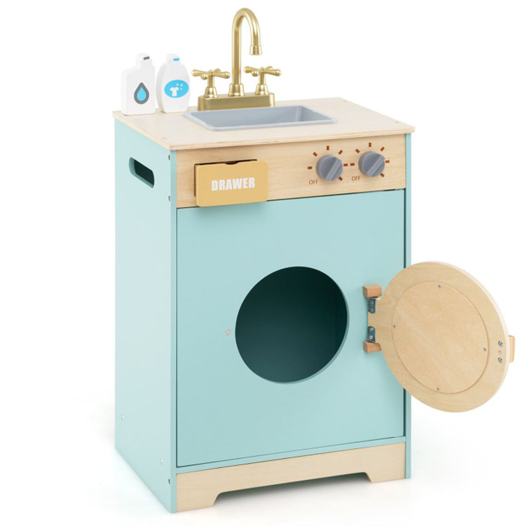 inQ Boutique - Blue Kids Wooden Toy Washing Machine Playset, Realistic Rotating Wheel & Removable Sink