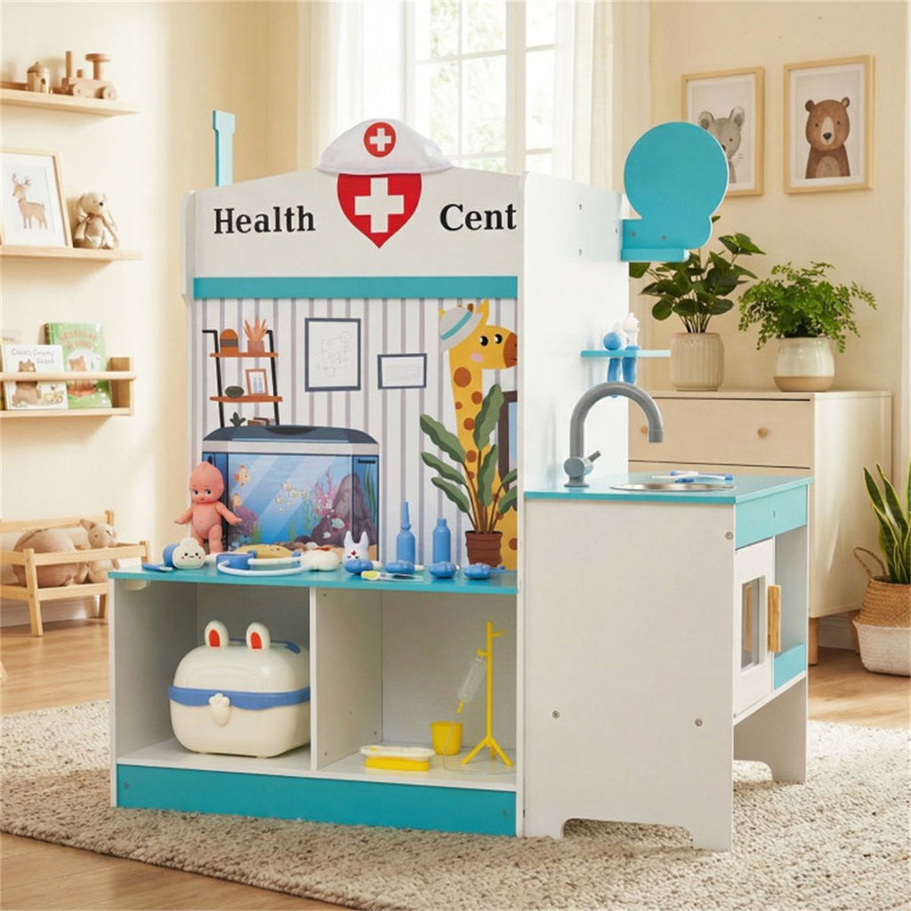 inQ Boutique - Wooden Kids Doctor Medical Station Playset, 93.98×54.61×99.06cm 27PCS Medical Tools with ECG Monitor for 3-6 Years, Blue + White
