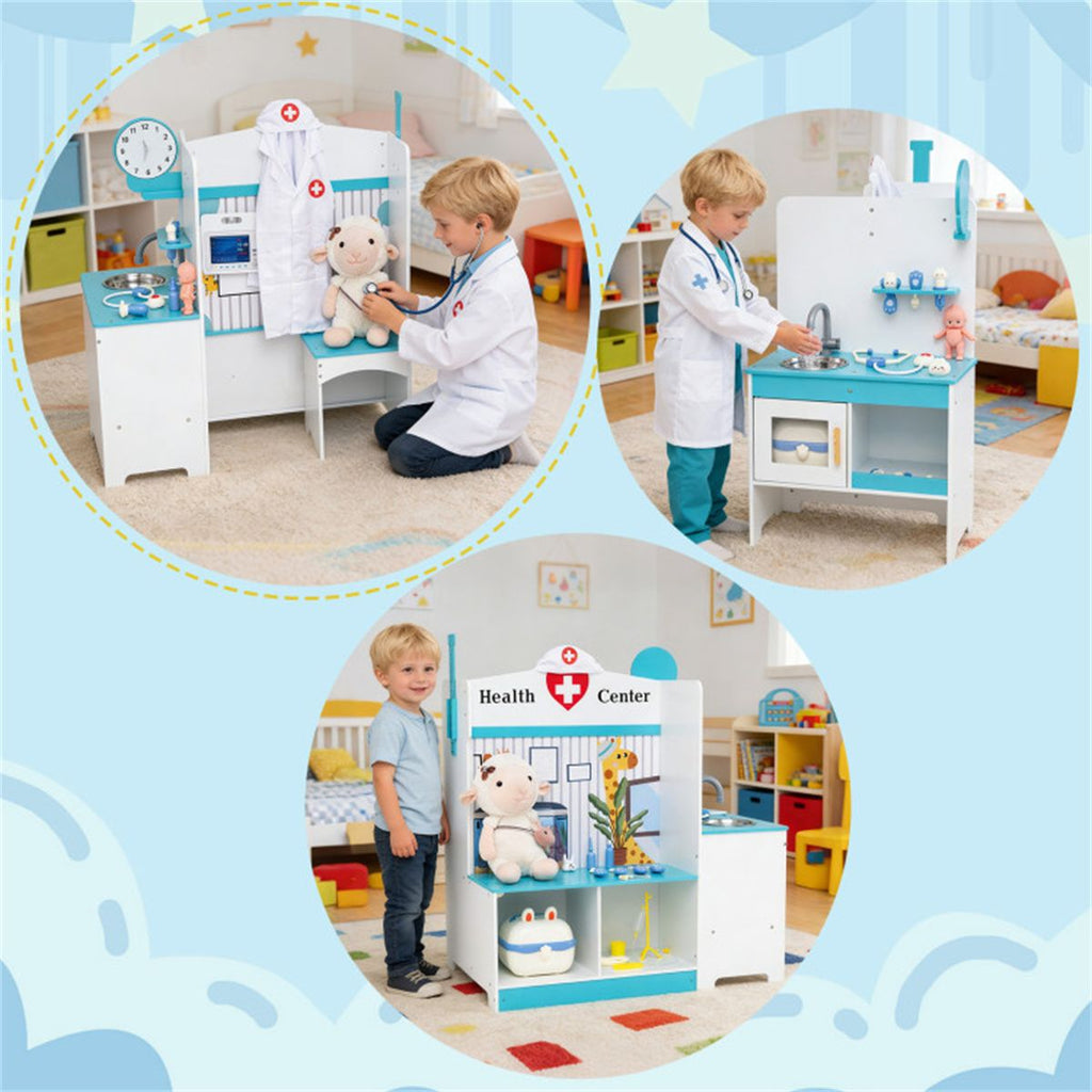 inQ Boutique - Wooden Kids Doctor Medical Station Playset, 93.98×54.61×99.06cm 27PCS Medical Tools with ECG Monitor for 3-6 Years, Blue + White