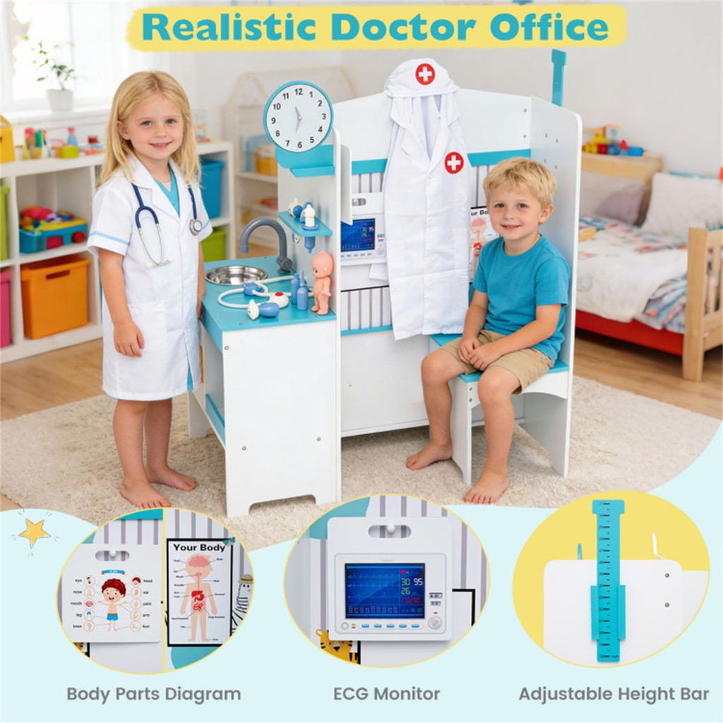 inQ Boutique - Wooden Kids Doctor Medical Station Playset, 93.98×54.61×99.06cm 27PCS Medical Tools with ECG Monitor for 3-6 Years, Blue + White