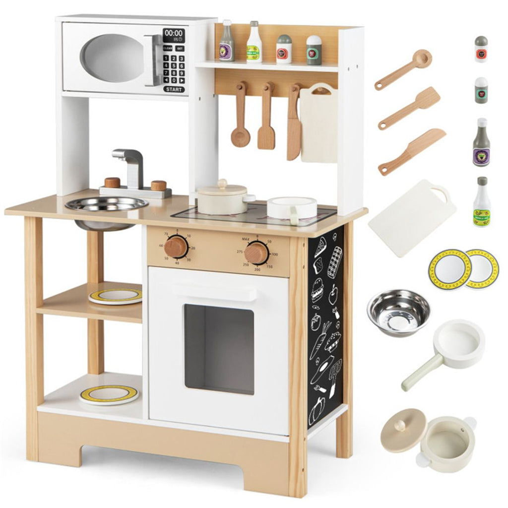 inQ Boutique - Kids Wooden Play Kitchen with 13 Accessories, Pretend Cooking Set with Chalkboard for 3+, White + Natural
